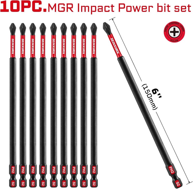 GEINXURN 10Pieces Magnetic #2 Phillips 6 in. Hex Anti-Slip Screwdriver Bits, 1/4 Inch Hex Shank Long Impact Tough PH2 Cross Screwdriver Bits Set - Image 2